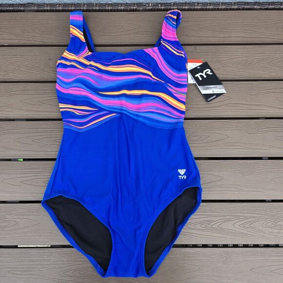 TYR Durafast Fantasia Scoop Neck Controlfit Multi/royal Women Swimsuit SZ 8 New - Picture 1 of 3